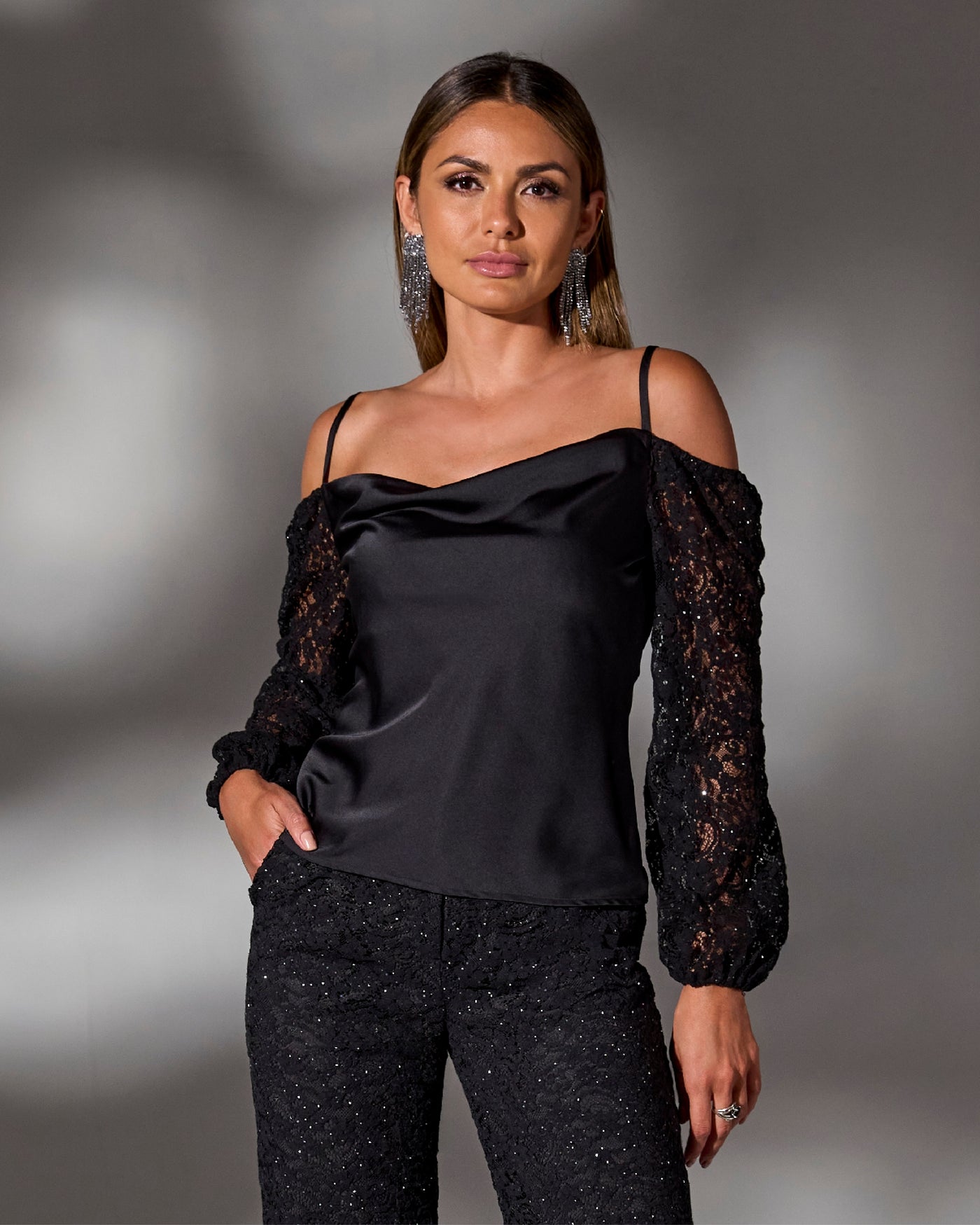 Cold Shoulder Lace Balloon Sleeve Black