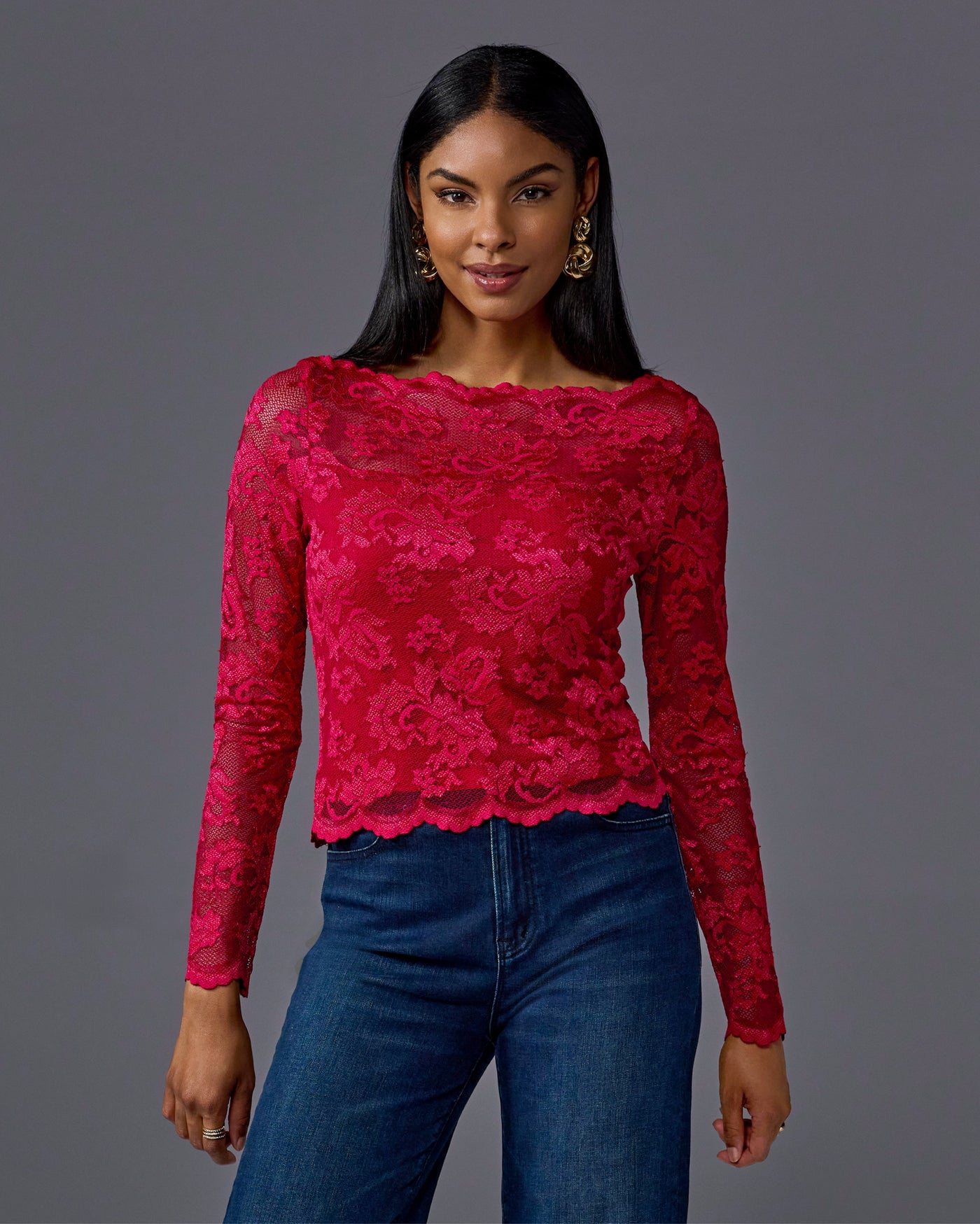 Lace Shoulder Skimming Knit Top Red