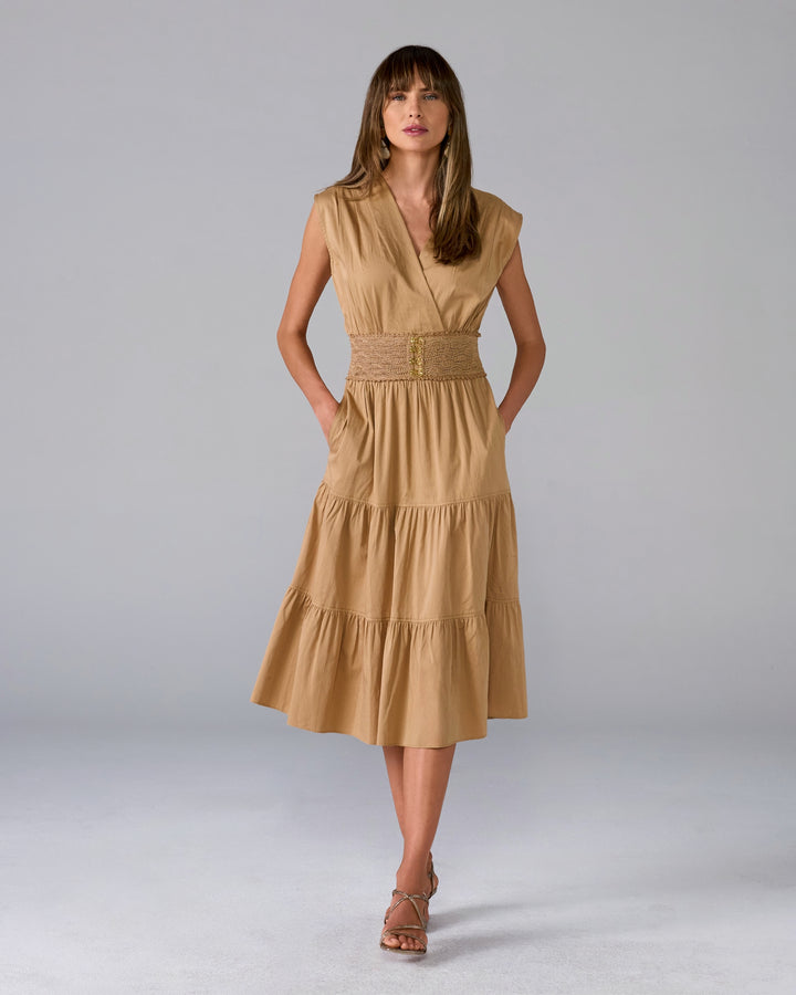 Crochet Trim Poplin Tiered Midi Dress Iced Coffee