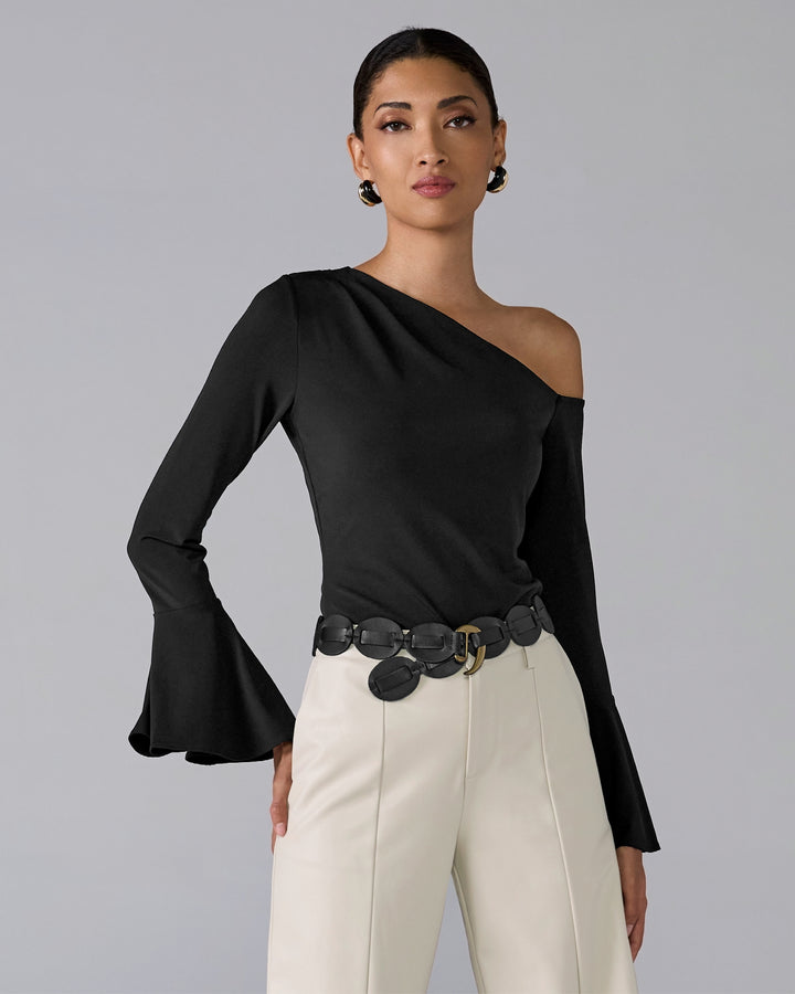 One Shoulder Draped Knit Top Black