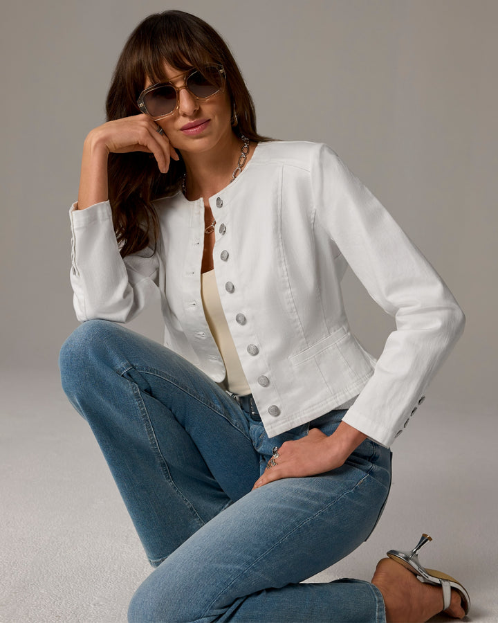 Jewel Neck Denim Jacket White
