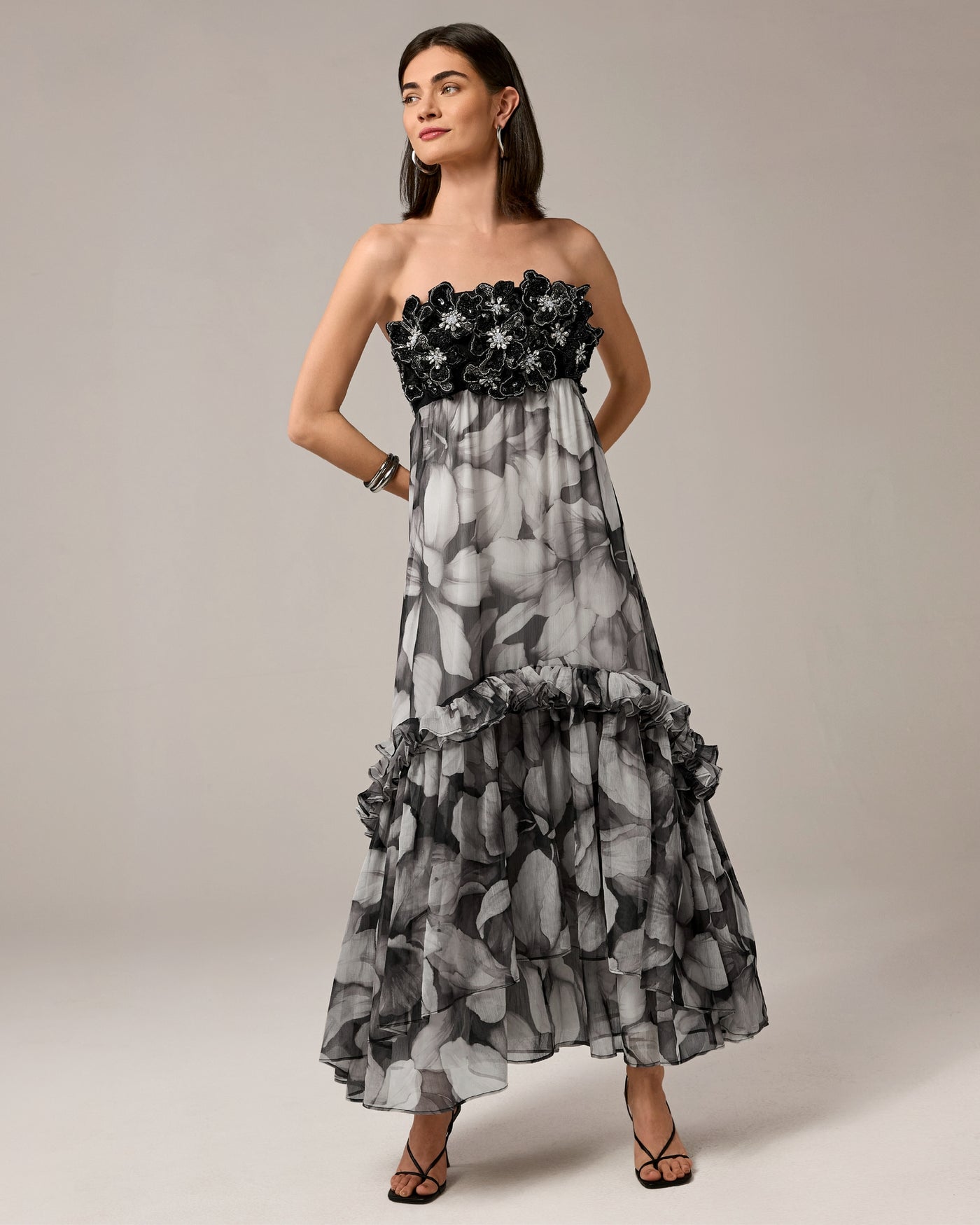 Embellished Floral Applique Strapless Flowy Maxi Dress Iris Silhouette