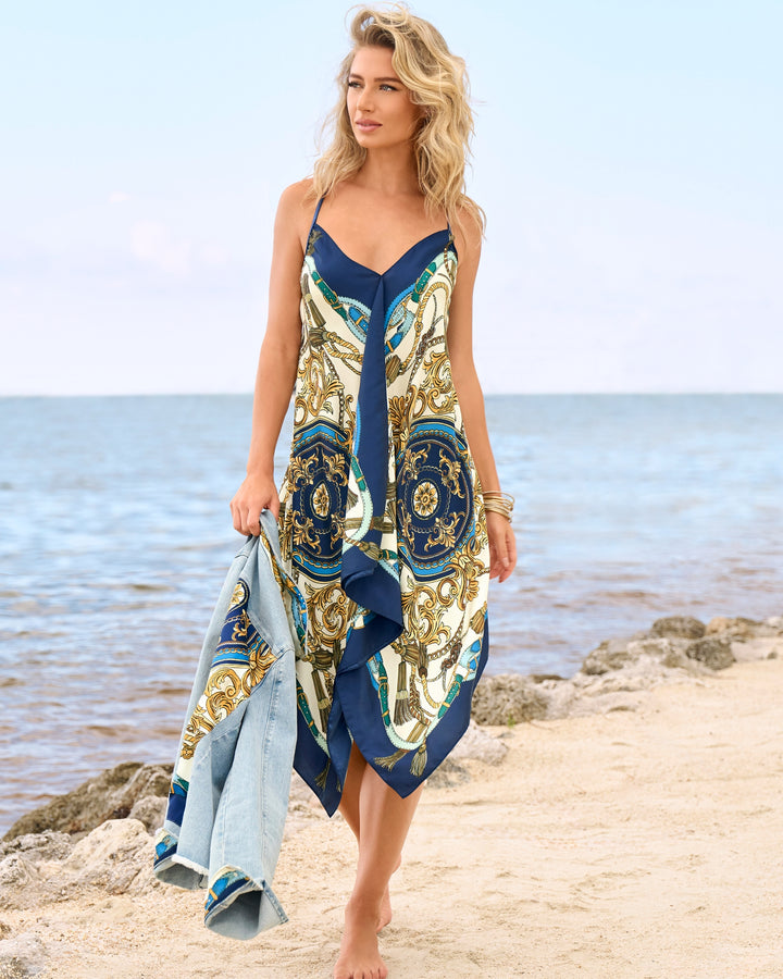 Print Handkerchief Hem Dress Into The Blue