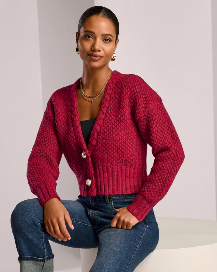 Textured Braid Detail Cardigan Americana Red