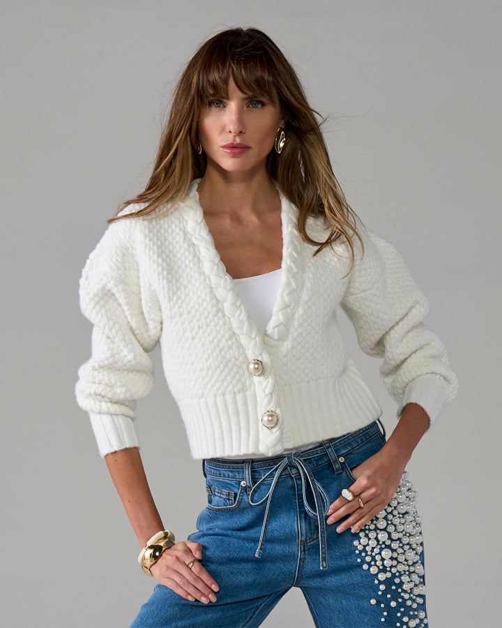 Textured Braid Detail Cardigan Off White