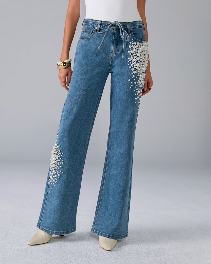 Pearl Embellished Wide Leg Jean Medium Wash