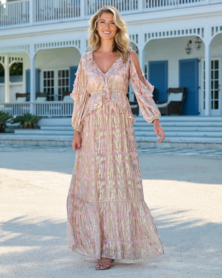 Ruffled Dress with Patterned Lurex Fabric Coral Blush
