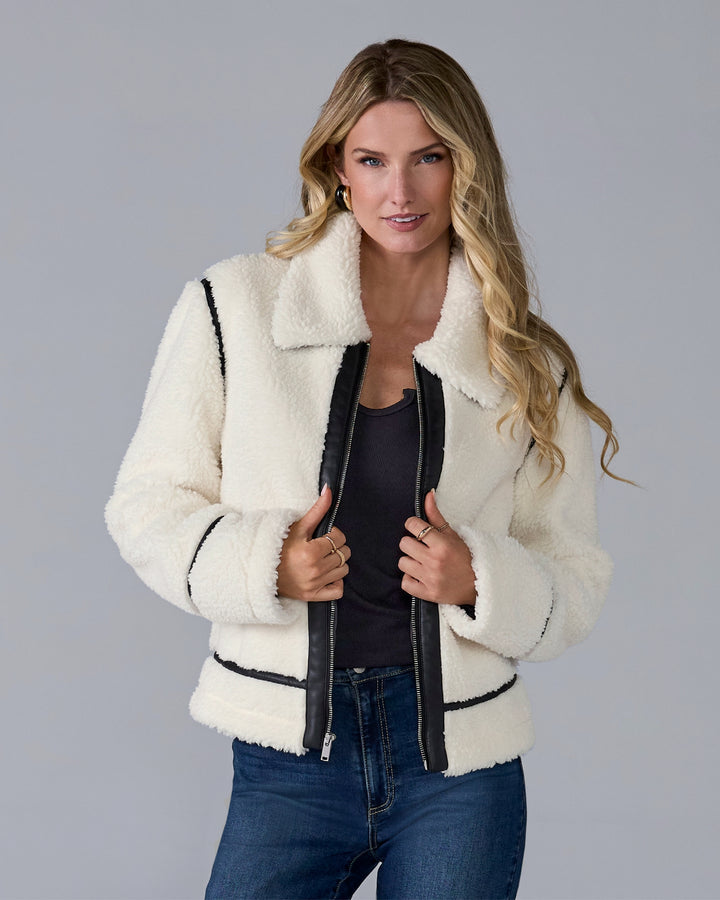 Faux Leather Trim Sherpa Coat Off White