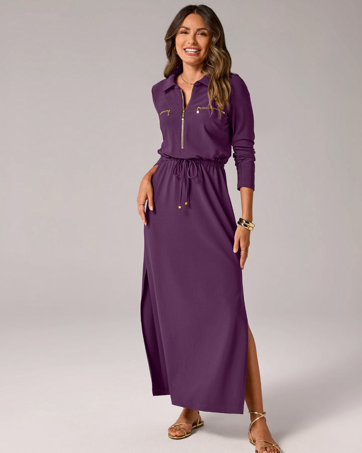 Beyond Travel Ruched Sleeve Maxi Dress Blackberry Wine