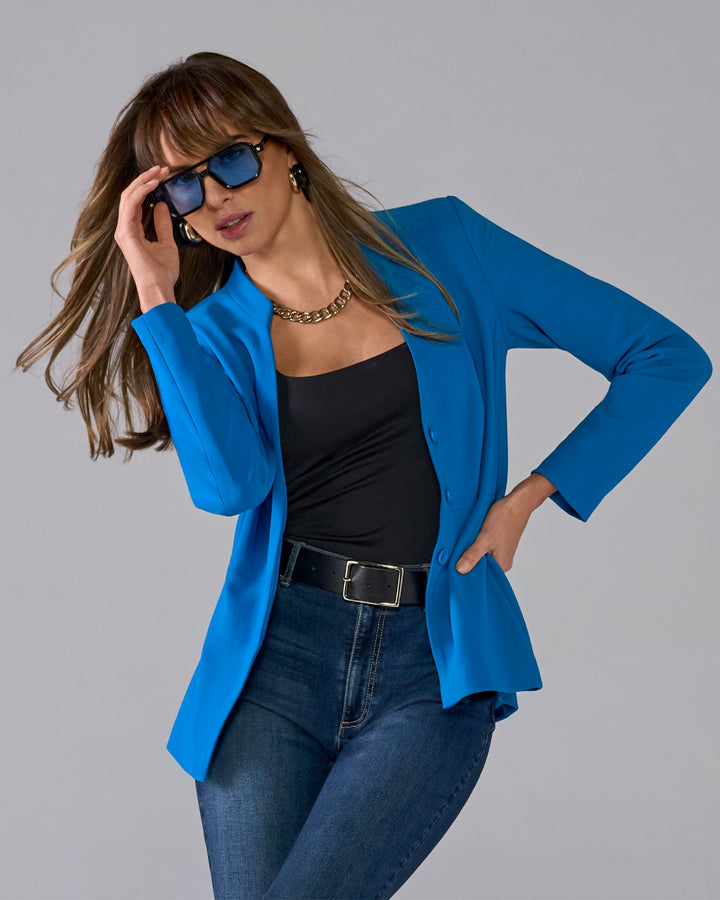 Beyond Travel Collarless Blazer Princess Blue