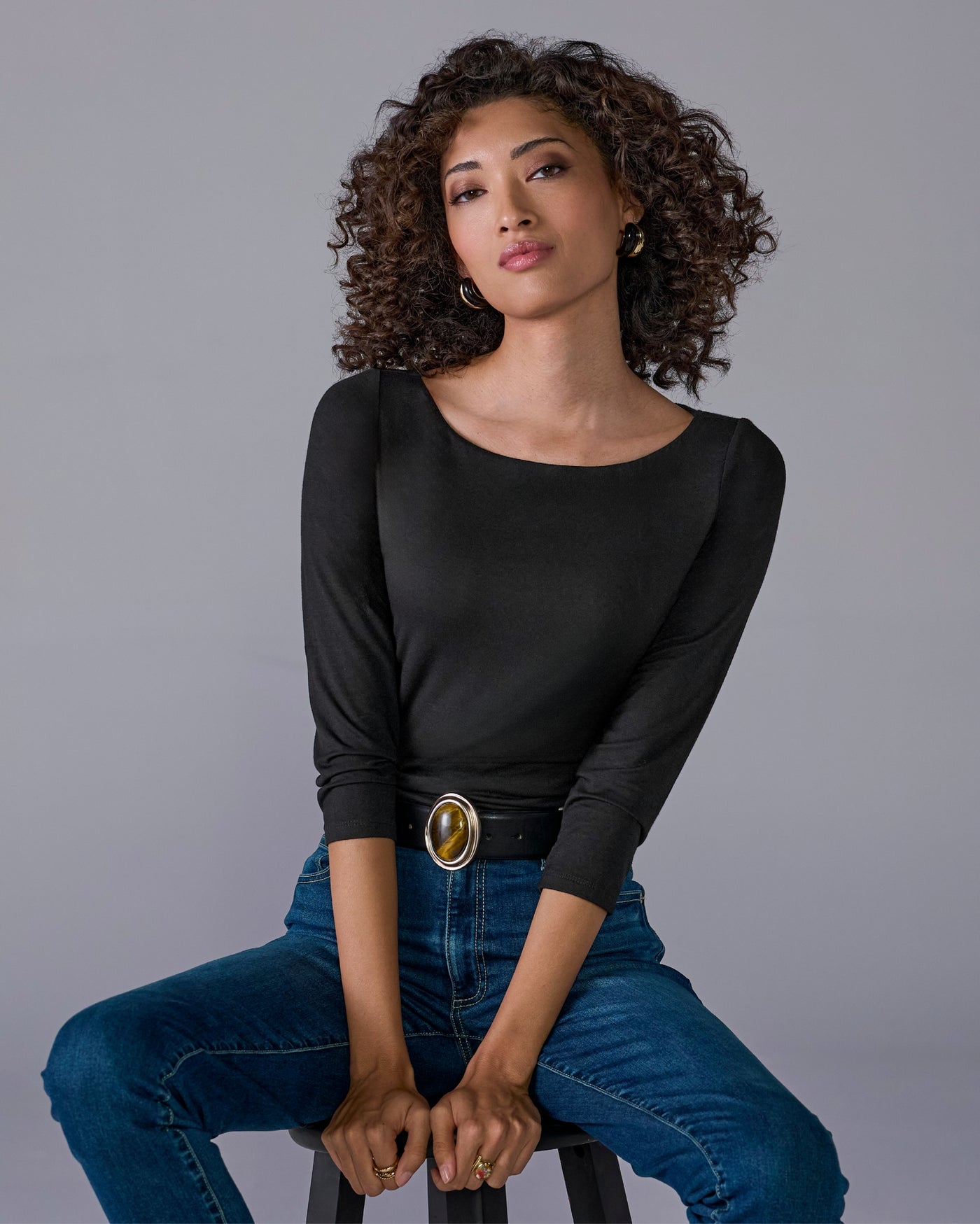 So Effortless Boat Neck 3/4 Sleeve Knit Top Proper Black