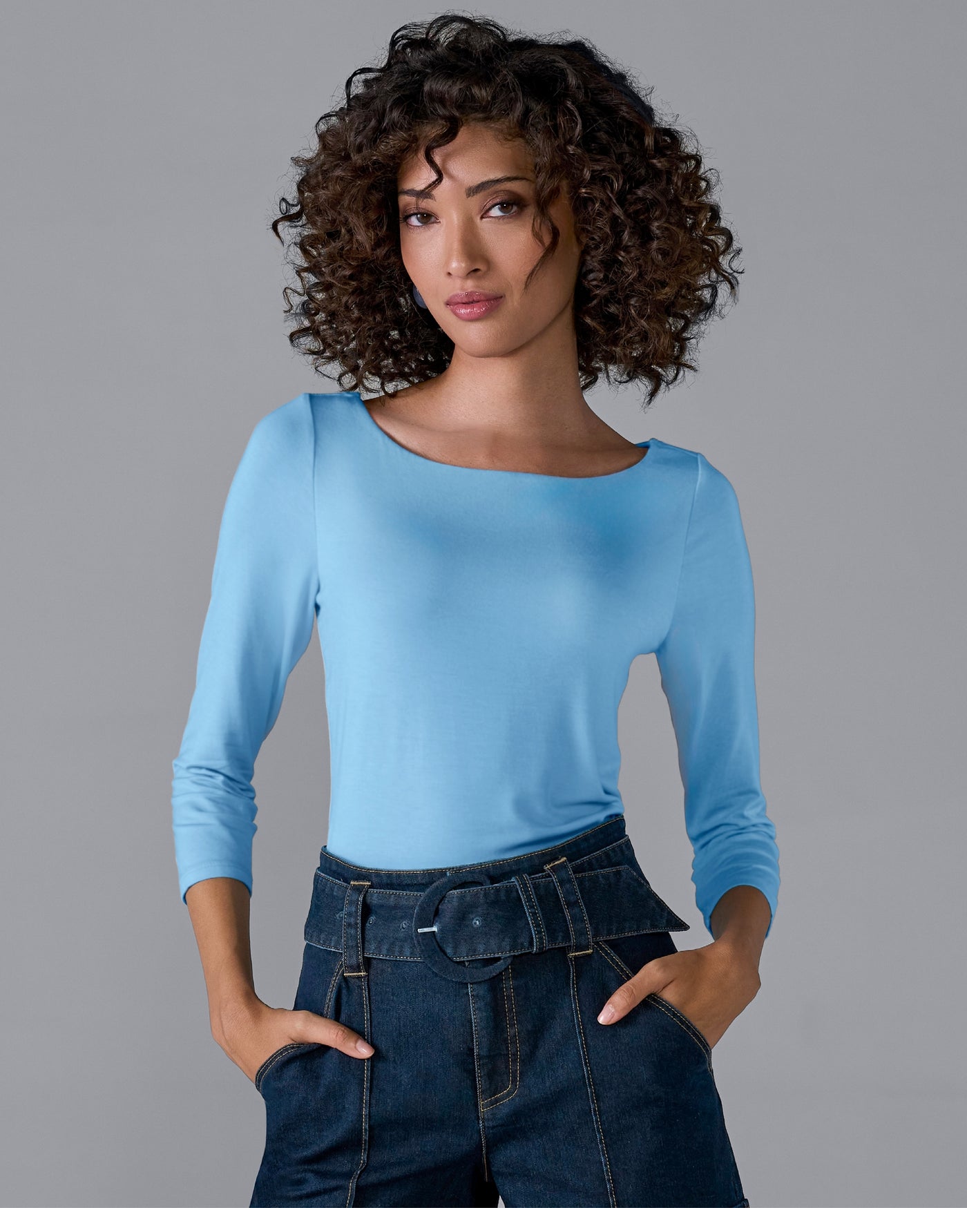 So Effortless Boat Neck 3/4 Sleeve Knit Top Airy Blue