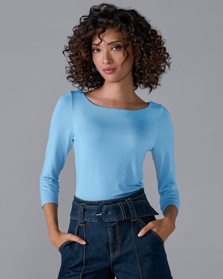 So Effortless Boat Neck 3/4 Sleeve Knit Top Airy Blue