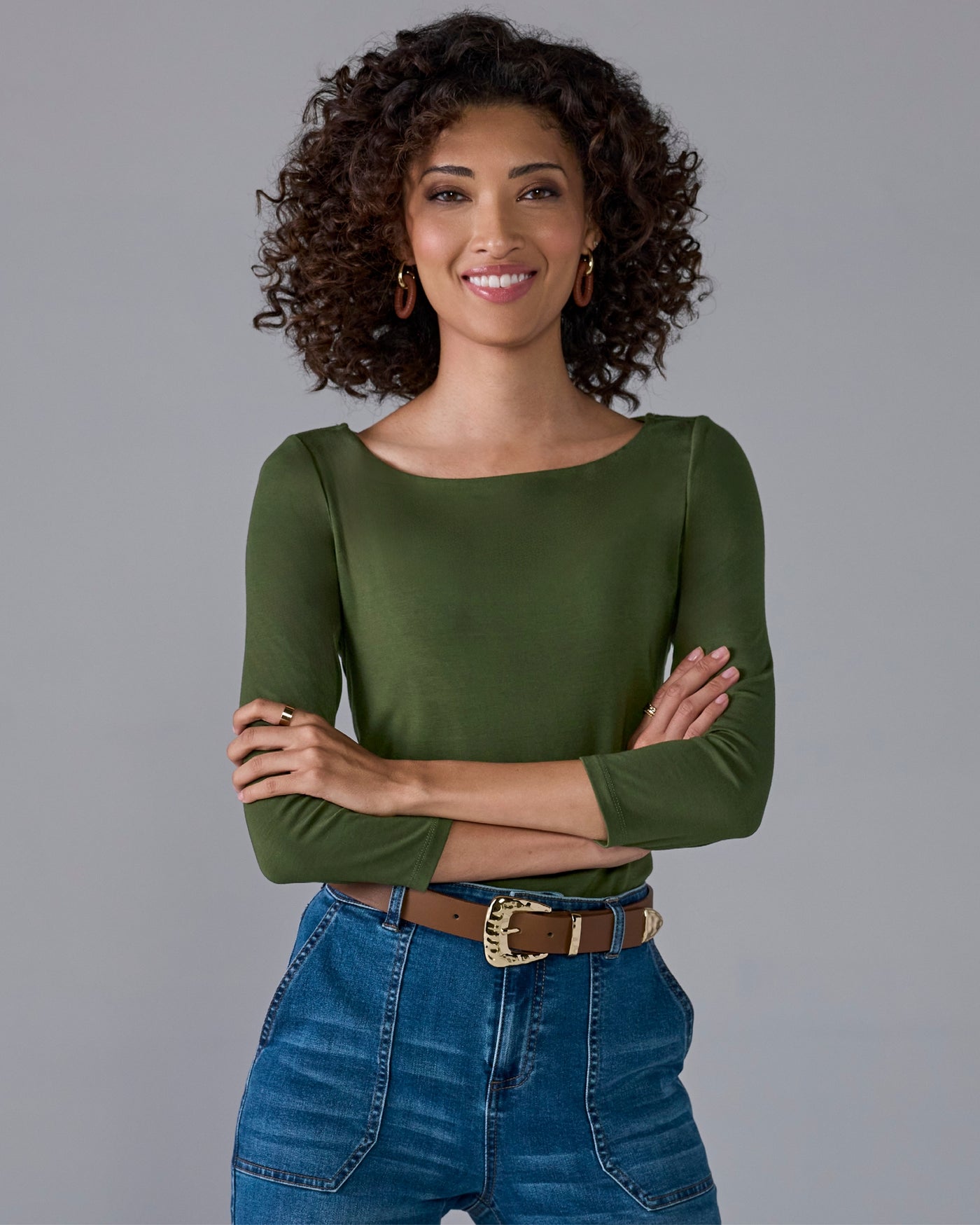 So Effortless Boat Neck 3/4 Sleeve Knit Top Tuscan Olive