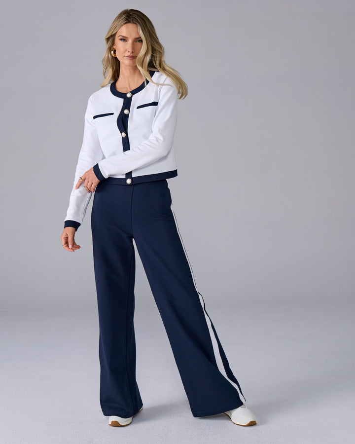 French Terry Color-block Cropped Jacket and Pant Set Navy/White