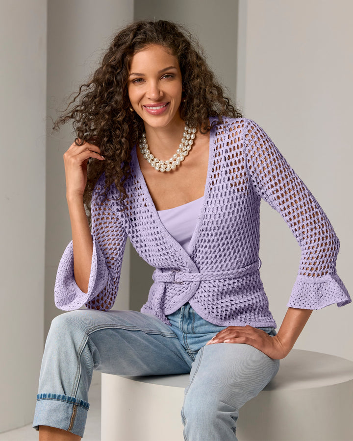 Sequin Crochet Belted Cardigan Pastel Lilac