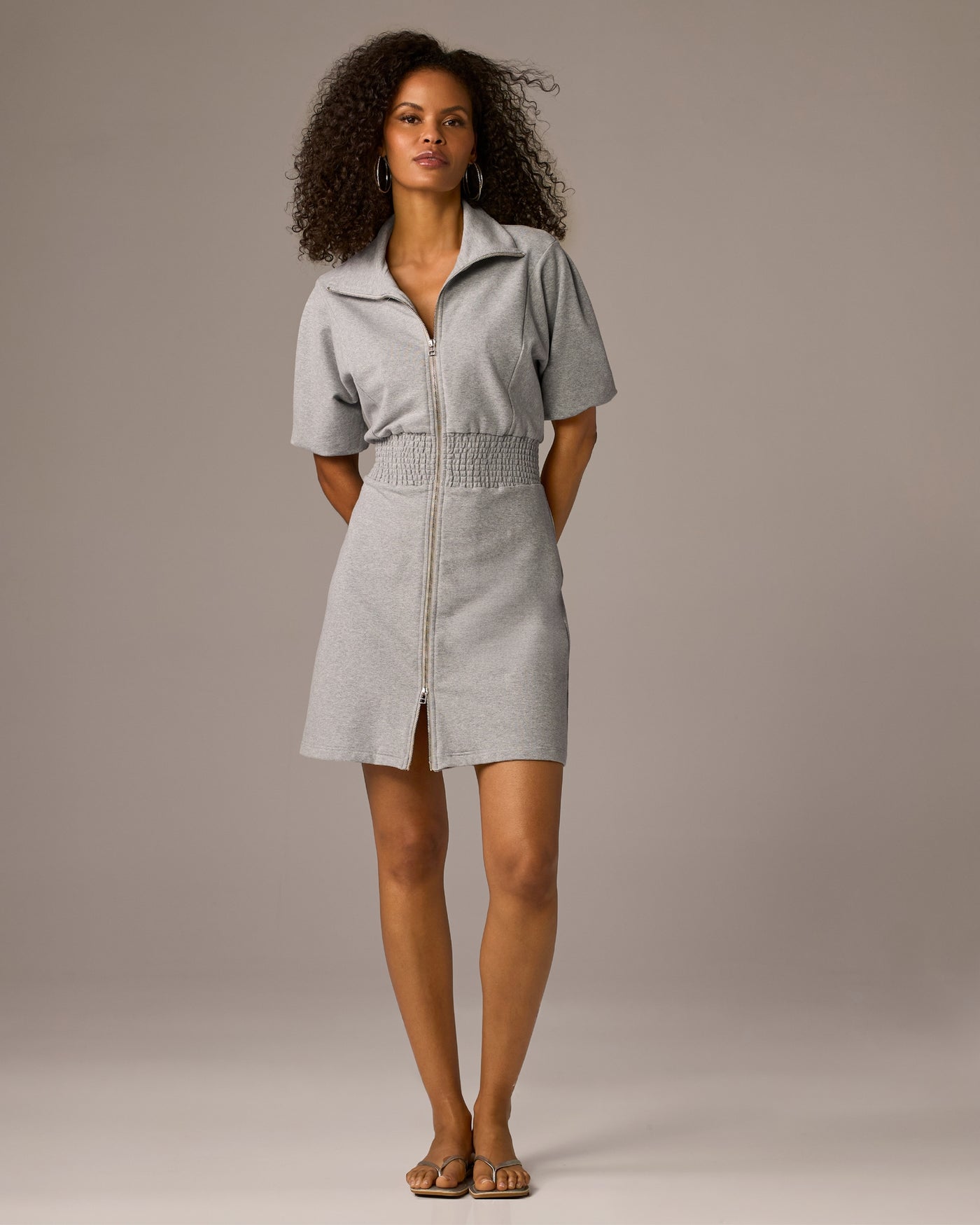 Puff Sleeve Zip Up Dress Gray Heather