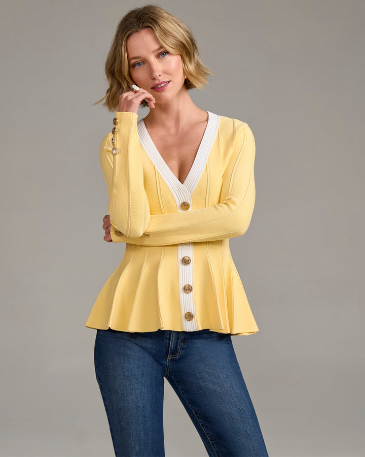 Colorblock Peplum Pullover Sweater Pale Banana/White