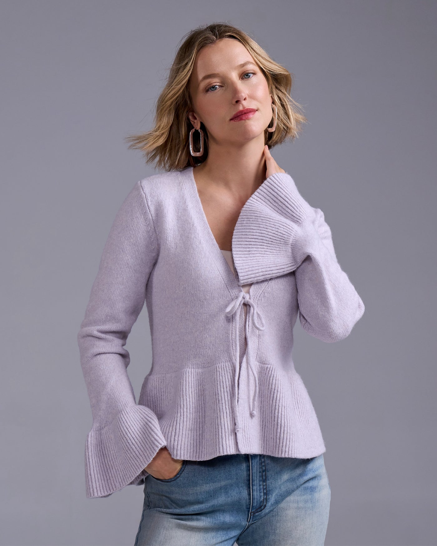 Flare Sleeve Tie Front Cardigan Pastel Lilac