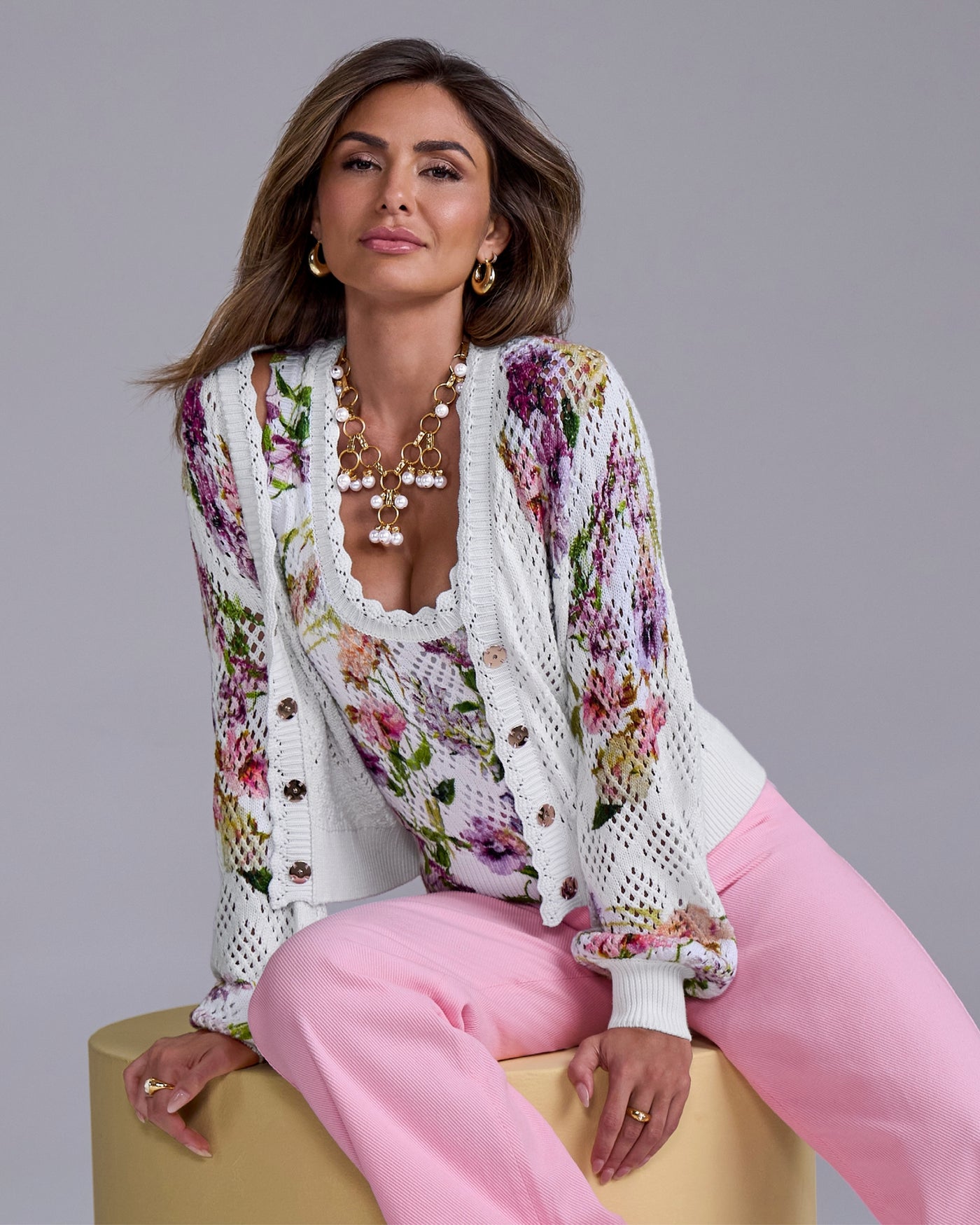 Printed Pointelle Cardigan Placed Pansies