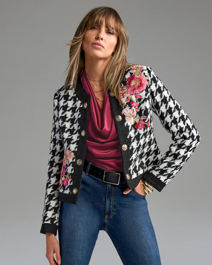Houndstooth Tweed Jacket with Floral Embroidery Black/White