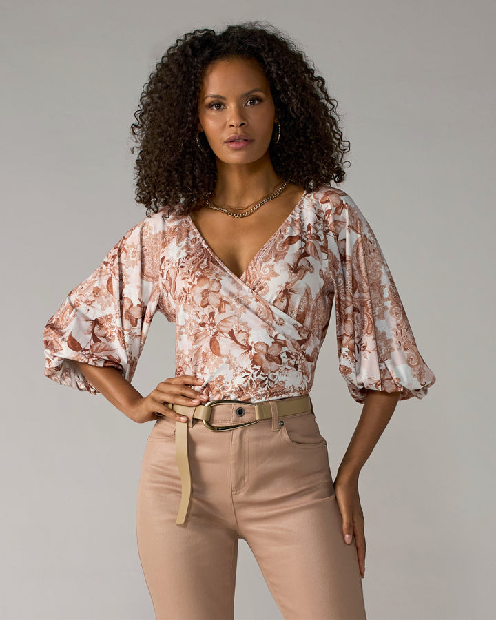 So Chic Printed Surplice Knit Top Paisley Fleur