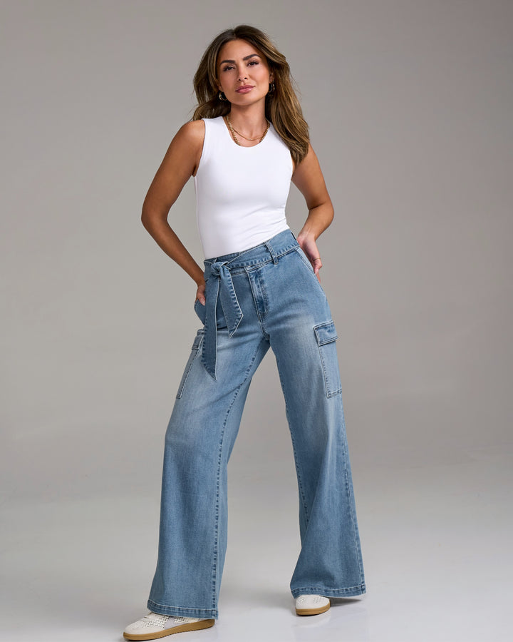 Relaxed Fit Self Tie Cargo Jean Medium Wash