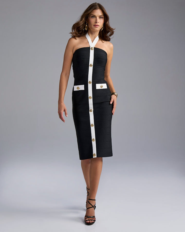 Halter Neck Color Block Bandage Sheath Dress Black/White