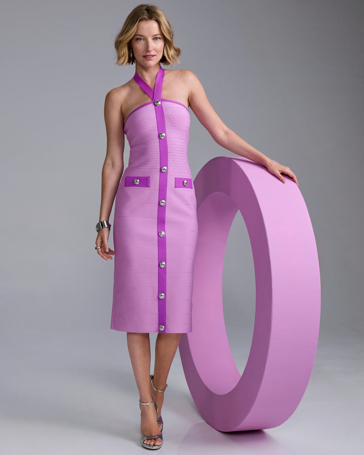 Halter Neck Color Block Bandage Sheath Dress Purple