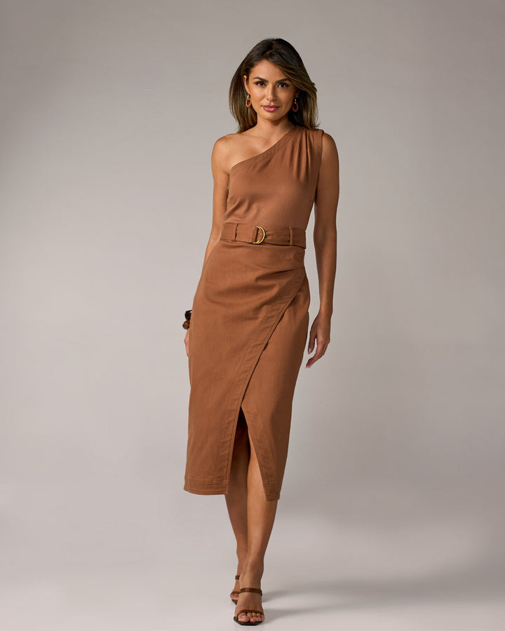 Boston Proper - Tortoise Shell Brown - One Shoulder Front Slit Denim Column Midi Dress