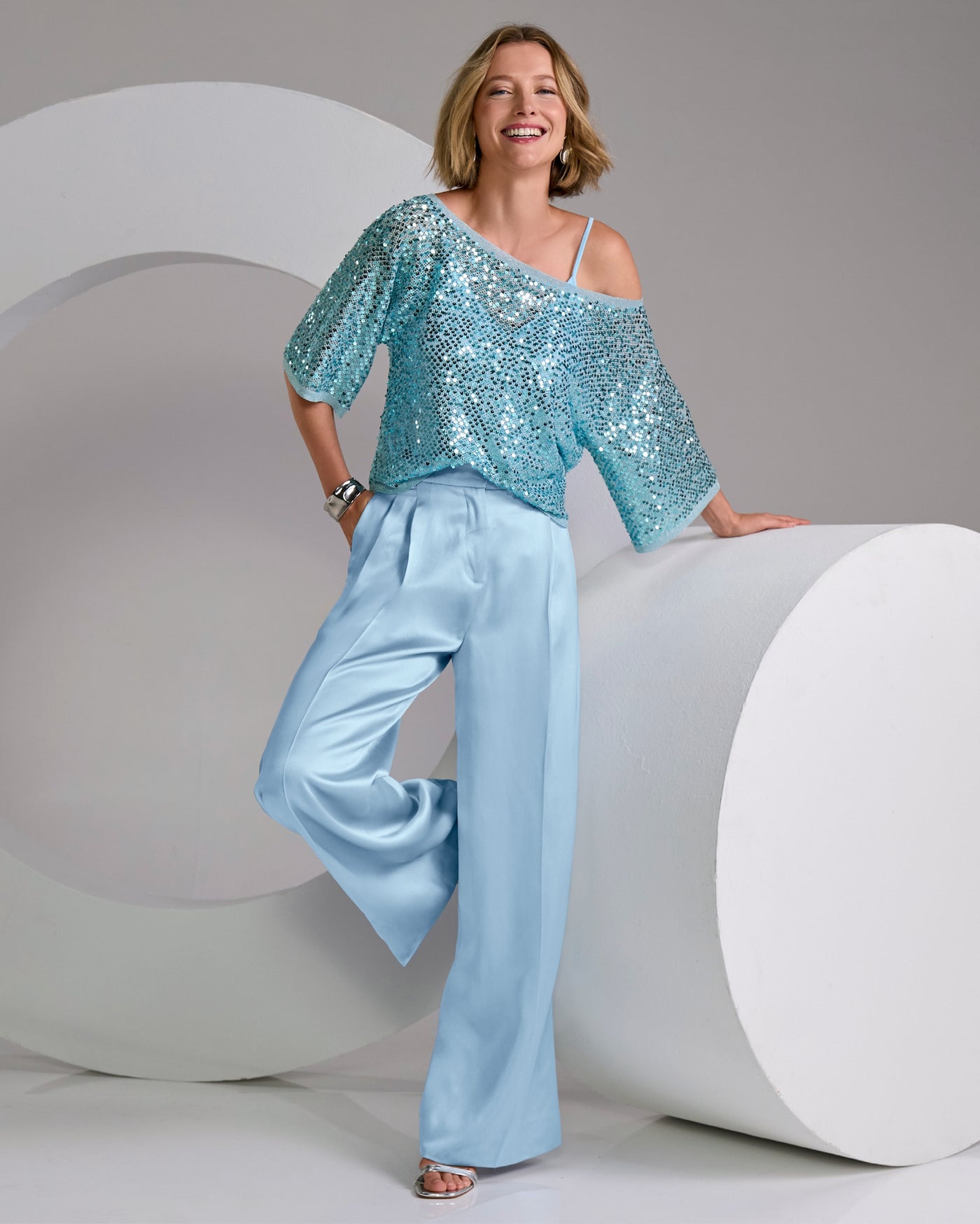 Wide Leg Satin Trouser Blue Cloud