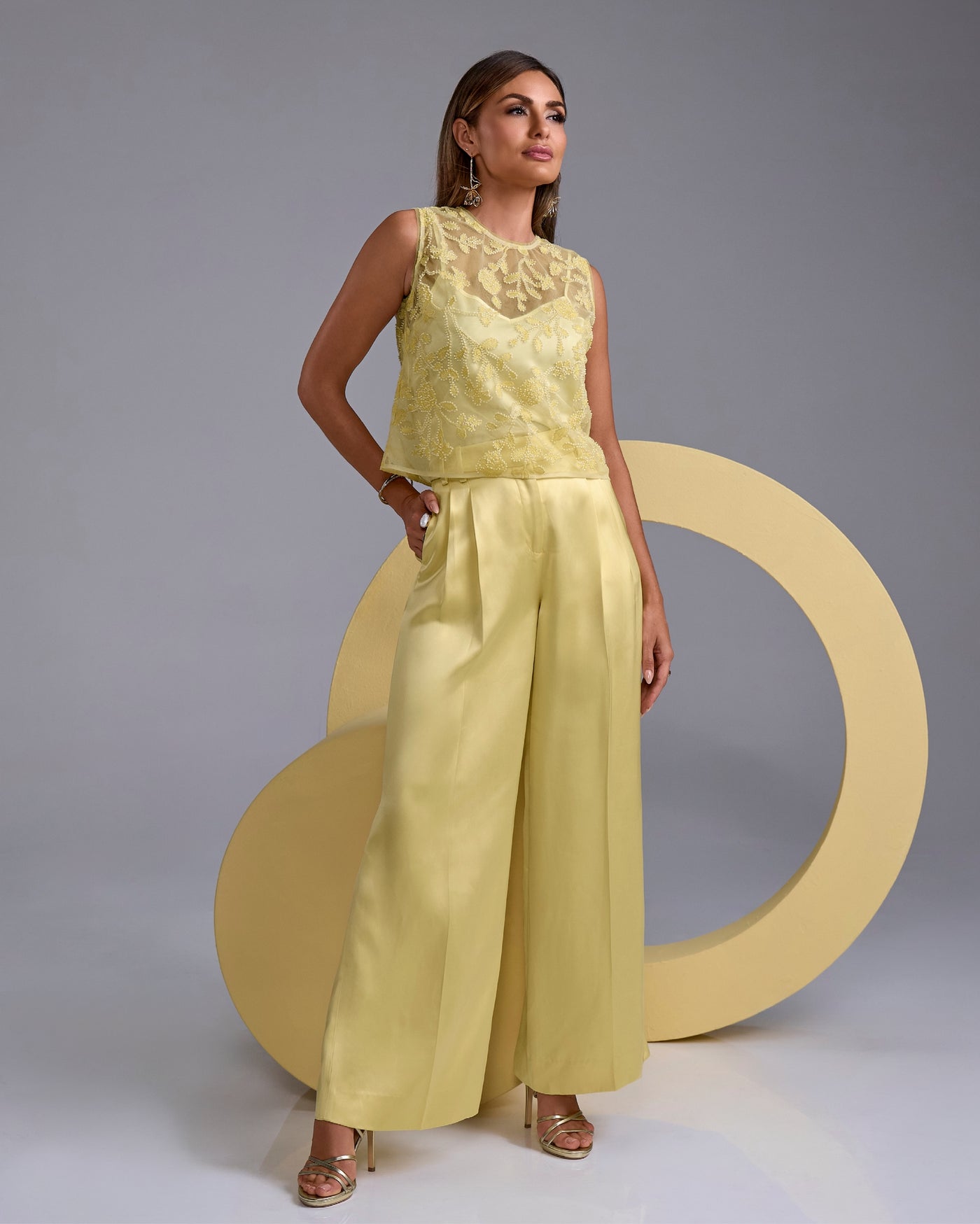 Wide Leg Satin Trouser Pale Banana
