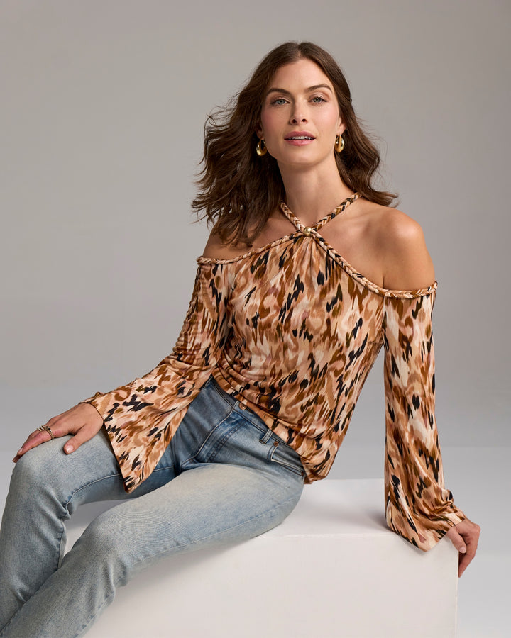 Printed Braided Detail Knit Top Animal Ikat