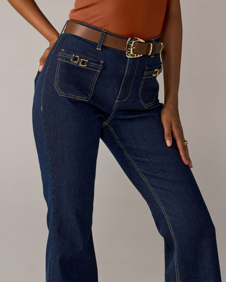 Buckle Front Pocket Detail Jean Dark Wash Denim