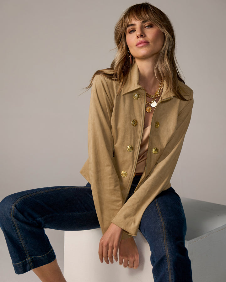 Zip Front Crest Button Faux Suede Jacket Sand