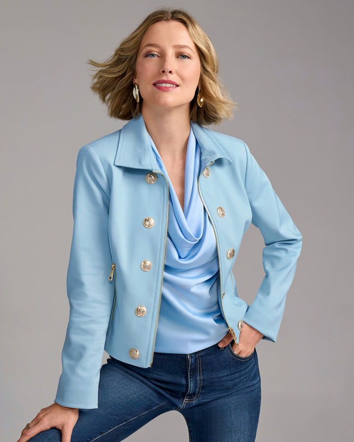 Modern Zip Front Crest Button Jacket Blue Cloud