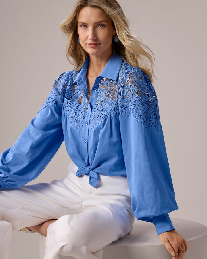 Lace Button Up Shirt Ultramarine