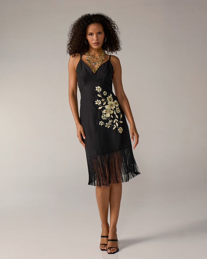 Embroidered Fringe Midi Dress Black/Gold