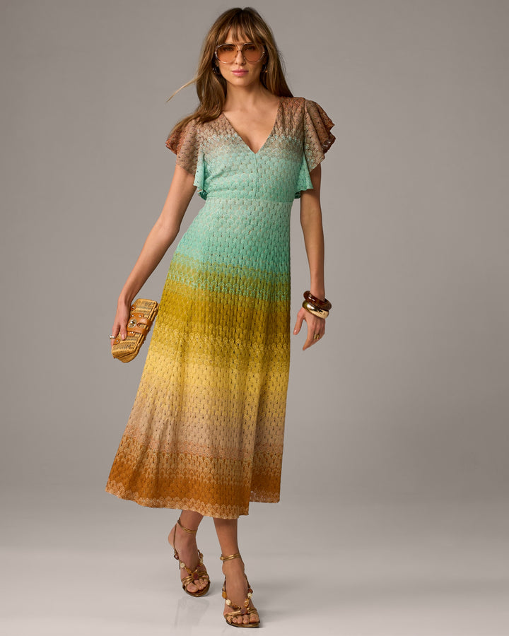 Ombre Lurex V-Neck Textured Dress Multi
