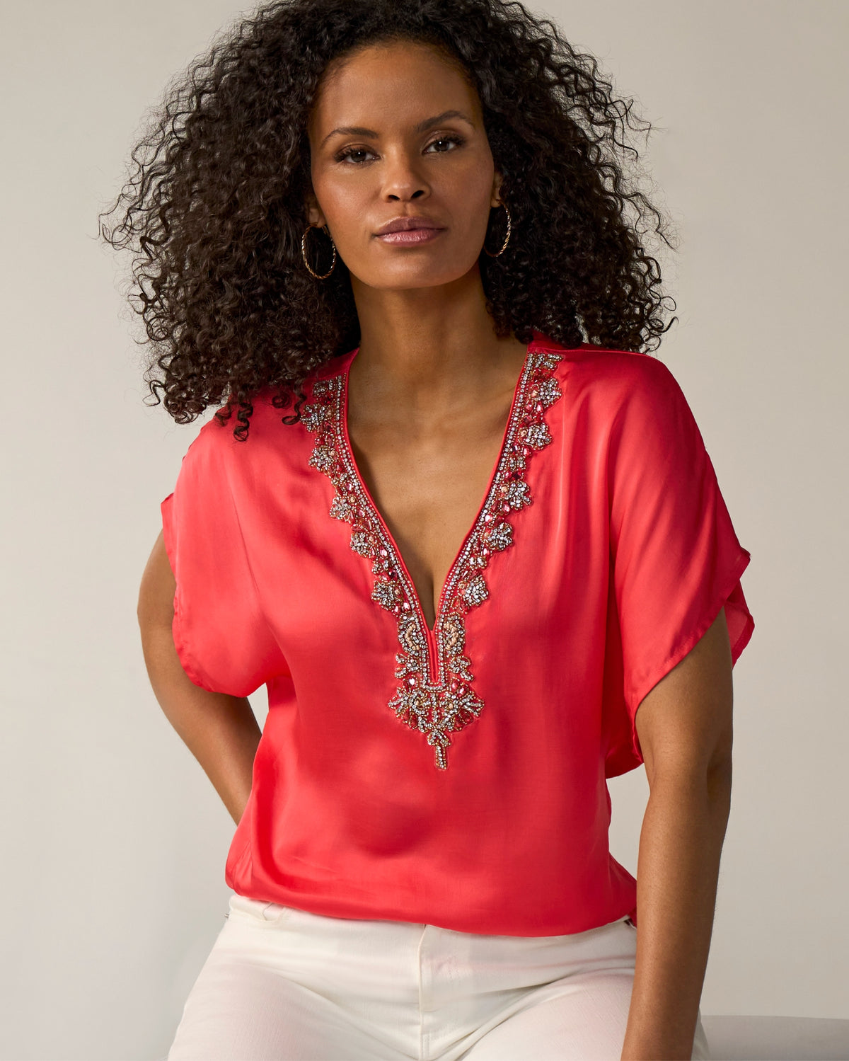 Charmeuse Embellished Short Sleeve Top Hibiscus