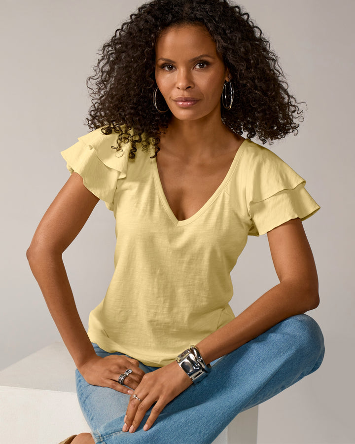 Slub Ruffled Sleeve Tee Pale Banana