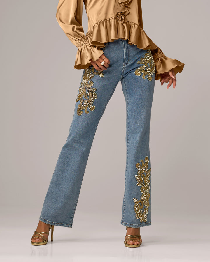 Scroll and Pearl Embellished Bootcut Jean Medium Wash