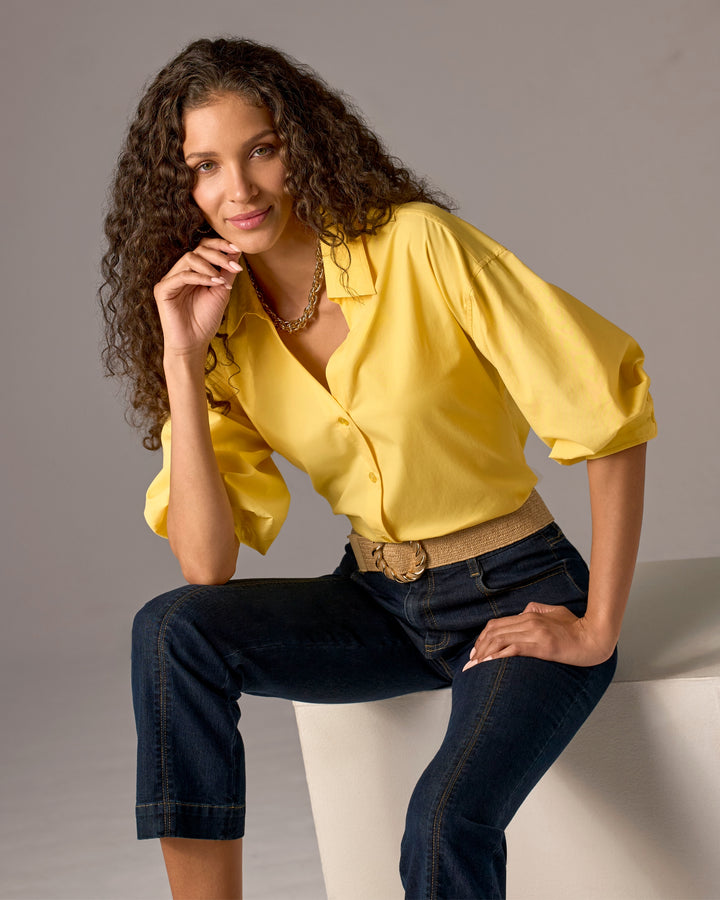 Poplin Puff Sleeve Button Up Shirt Lemon Drop