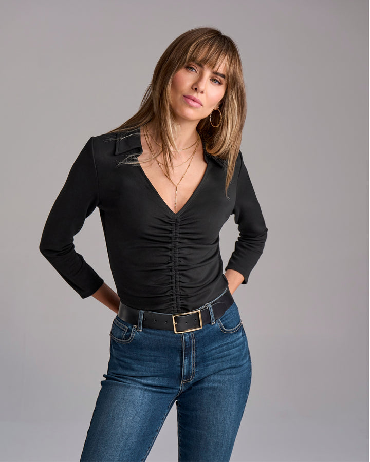 Ruched Polo Knit Top Proper Black