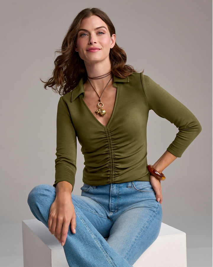 Ruched Polo Knit Top Olive Night