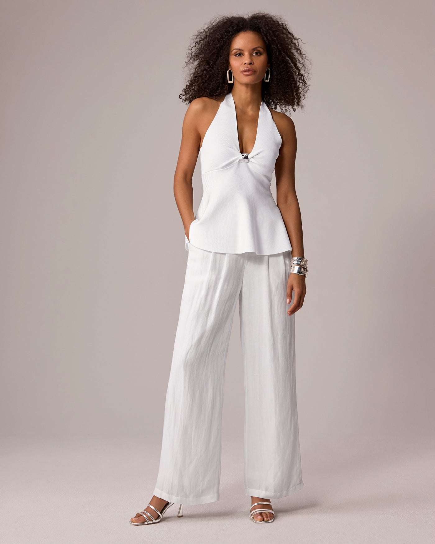 Tie Waist Wide Leg Linen Pant White