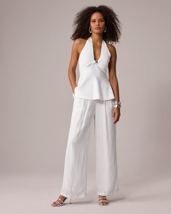 Tie Waist Wide Leg Linen Pant White