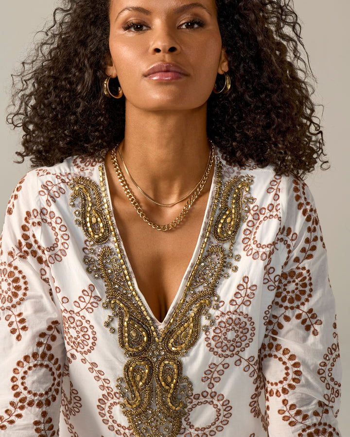 Embellished Scallop Eyelet Tunic Brown Multi