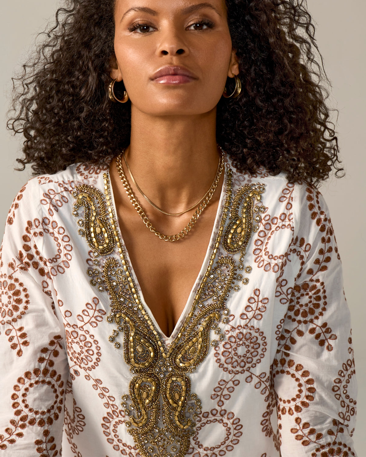 Embellished Scallop Eyelet Tunic Brown Multi
