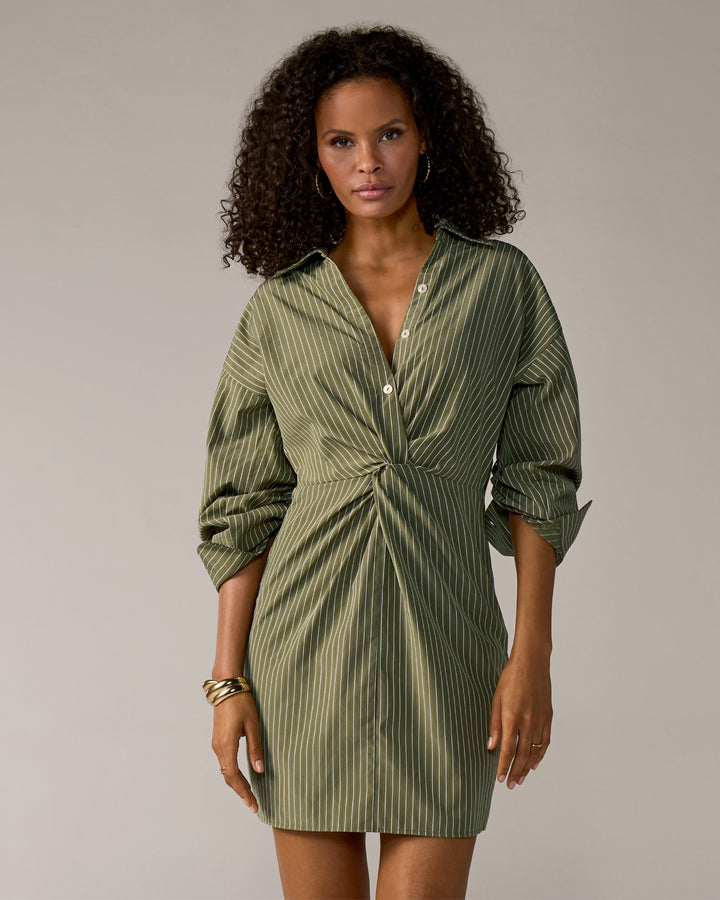 Striped Midi Button-Up Shirt Dress Green/White